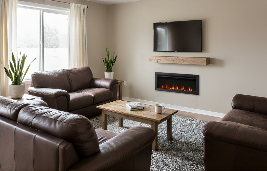 SimpliFire Allusion Slim 50" electric fireplace in an entry living room with leather sofas