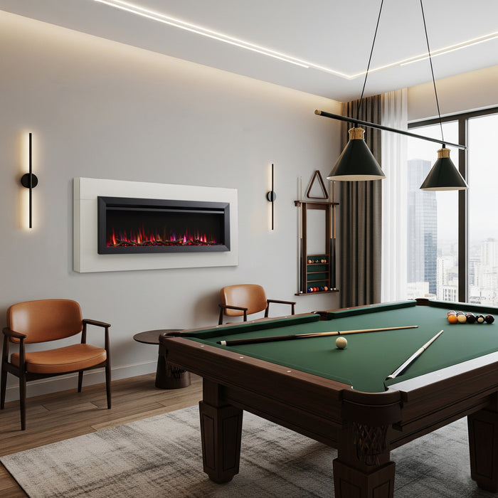 SimpliFire Allusion Slim 60" electric fireplace in a billiards room wall