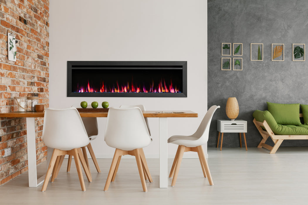 SimpliFire Allusion Slim 60" electric fireplace with crystal media and red-pink flames in a dining area