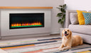 SimpliFire Modern Farmhouse Boyd build-out kit with Allusion Platinum 50" fireplace in a living room, dog resting on the rug