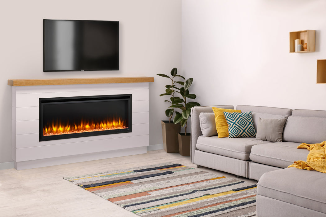 SimpliFire Modern Farmhouse Boyd build-out kit with Allusion Platinum 50" fireplace below a TV beside a gray sofa