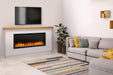 SimpliFire Modern Farmhouse Boyd build-out kit with Allusion Platinum 50" fireplace below a TV beside a gray sofa