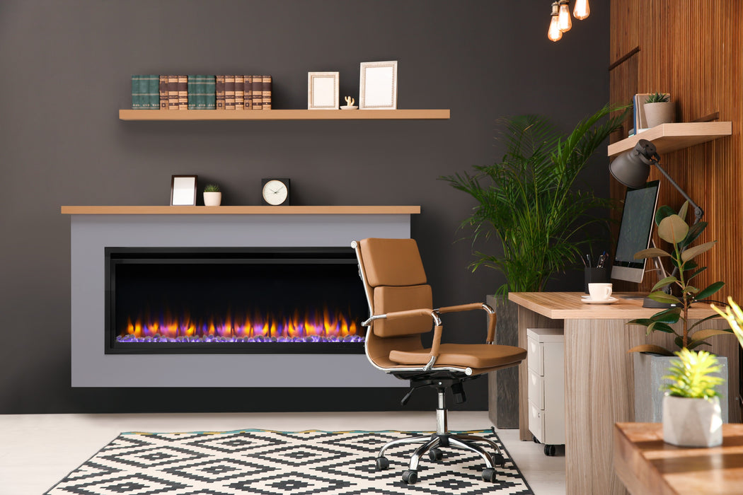 SimpliFire Ready-to-Finish Boyd build-out kit, shown painted, with Allusion Platinum 50" fireplace and orange flames against a dark wall