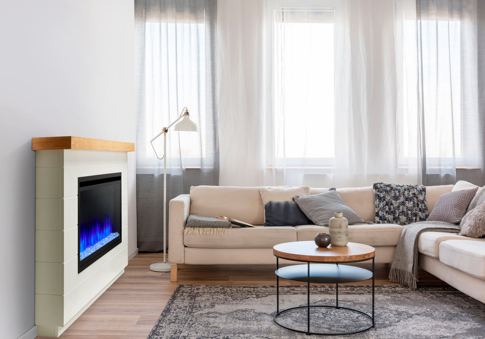 SimpliFire Modern Farmhouse Boyd build-out kit with Allusion Platinum 50" fireplace and blue flames, angled view in a bright living room