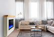 SimpliFire Modern Farmhouse Boyd build-out kit with Allusion Platinum 50" fireplace and blue flames, angled view in a bright living room