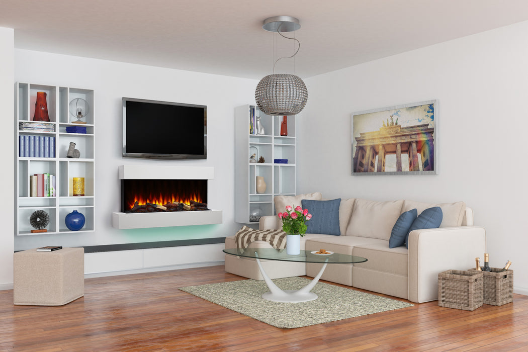 SimpliFire 43" floating mantel kit with Format fireplace below a TV in a living room