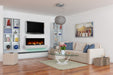 SimpliFire 43" floating mantel kit with Format fireplace below a TV in a living room