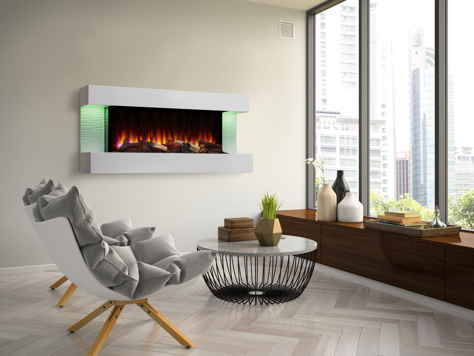 SimpliFire 50" floating mantel kit with Format fireplace and accent lighting in a living room