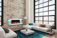 SimpliFire 60" floating mantel kit with Format fireplace on a brick loft wall