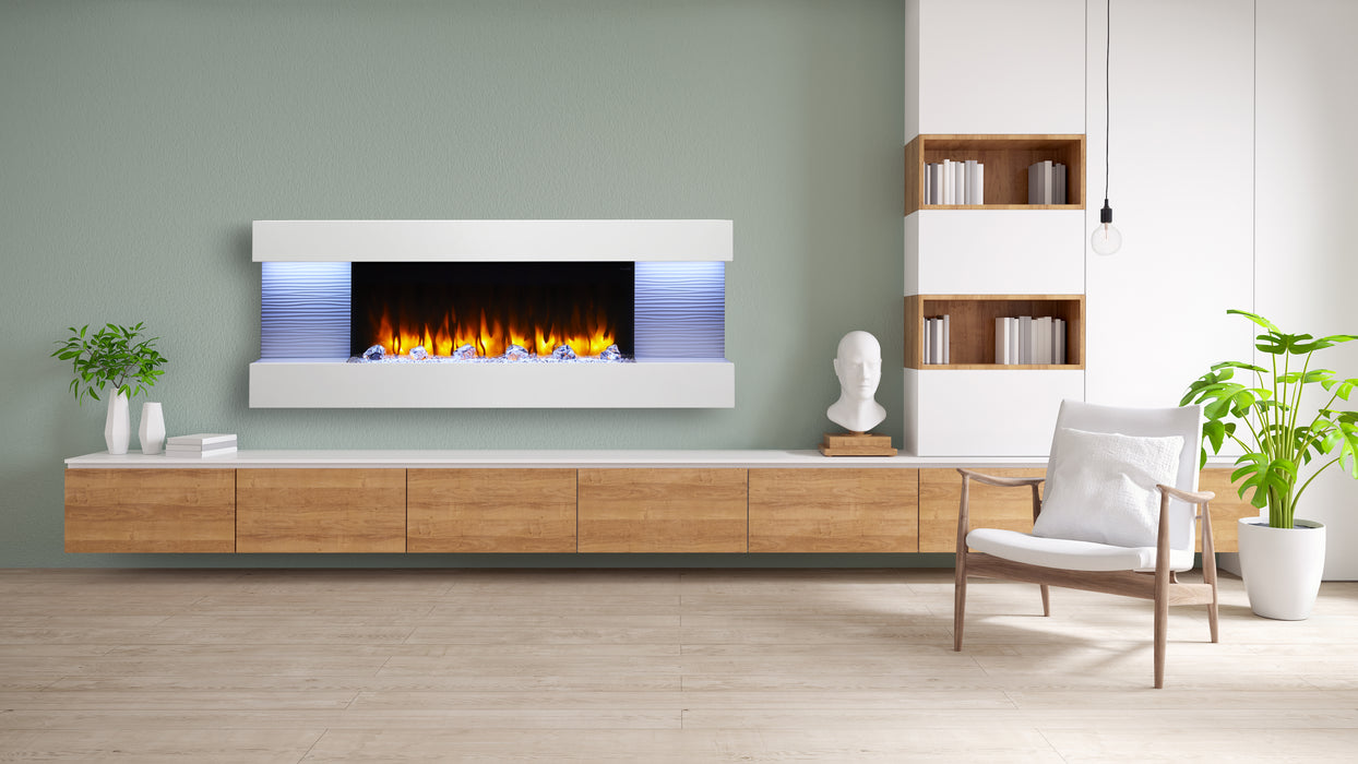 SimpliFire 60" floating mantel kit with Format fireplace above a wood media console