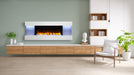 SimpliFire 60" floating mantel kit with Format fireplace above a wood media console