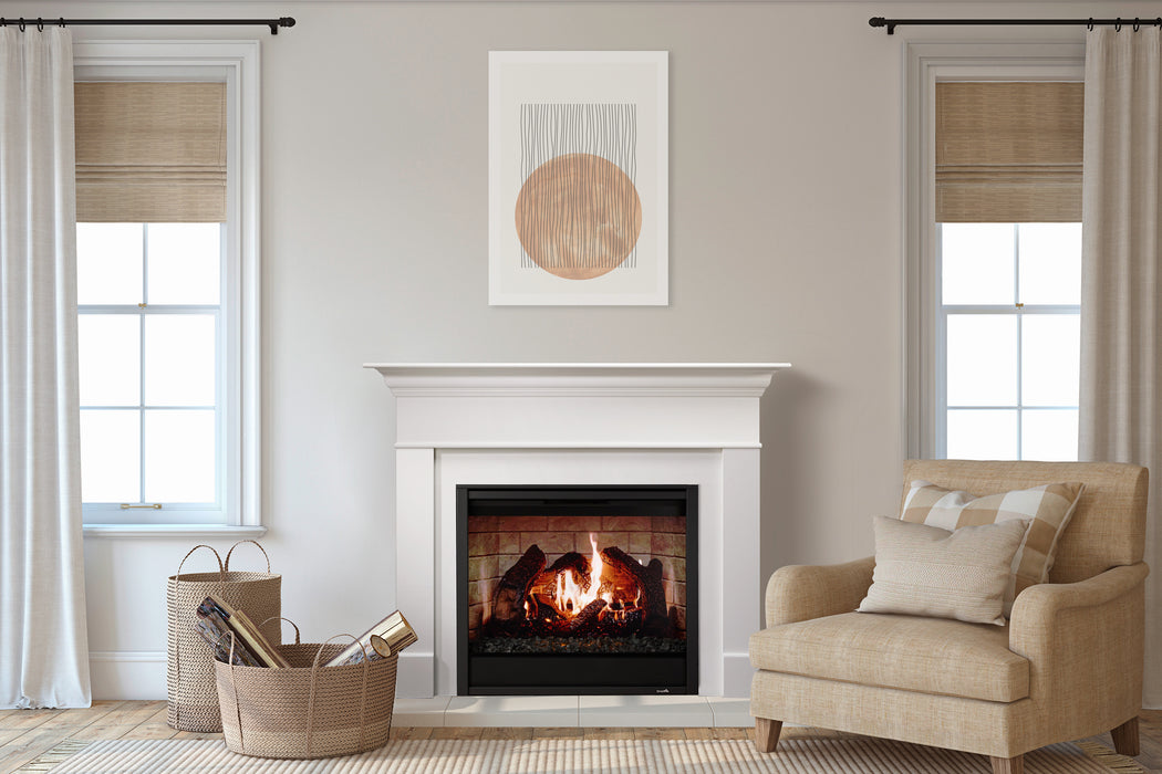 SimpliFire Wescott mantel kit with Inception 36" fireplace and Folio front in a living room