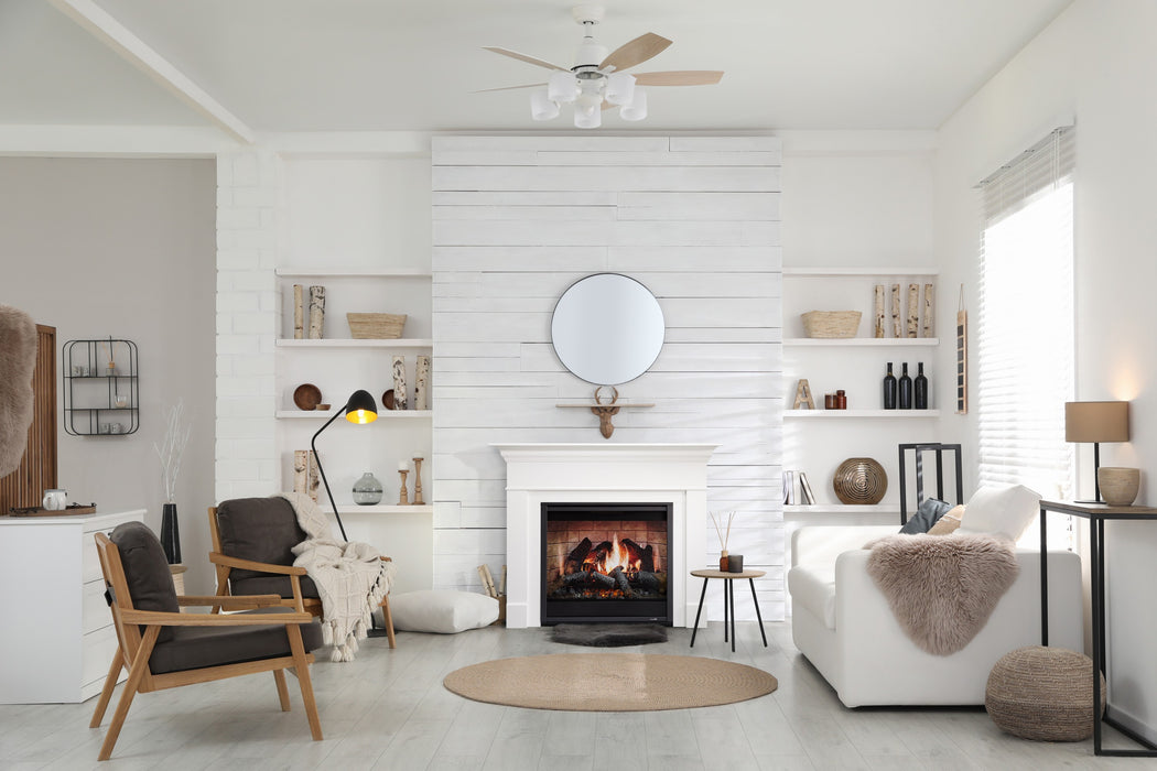 SimpliFire Kenwood mantel, shown painted white, with Inception 36" and Folio front in a bright living room