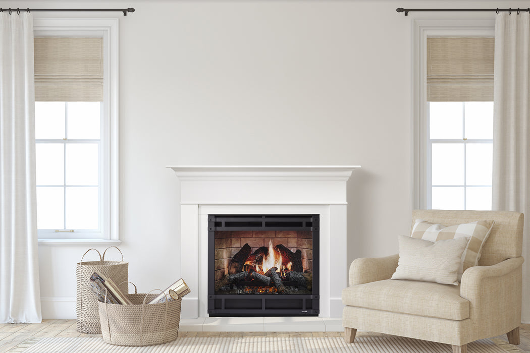 SimpliFire Kenwood mantel, shown painted white, with Inception 36" fireplace and Halston front