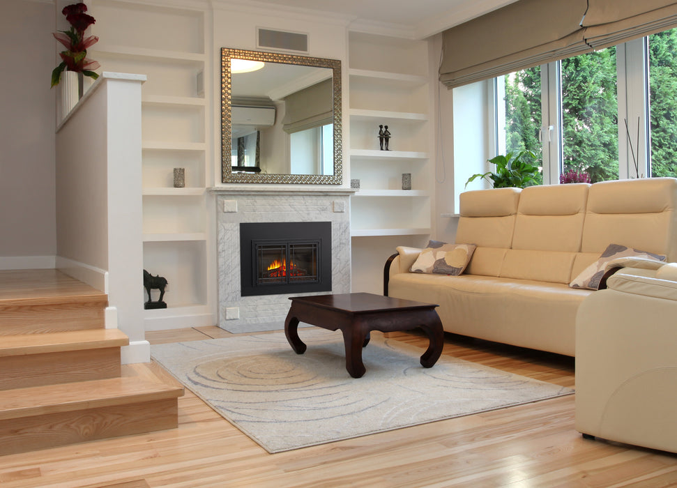 SimpliFire 25" Mission door front, doors closed, on an electric insert in a living room