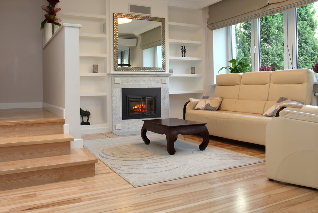 SimpliFire 25" Mission door front, doors open, on an electric insert in a living room