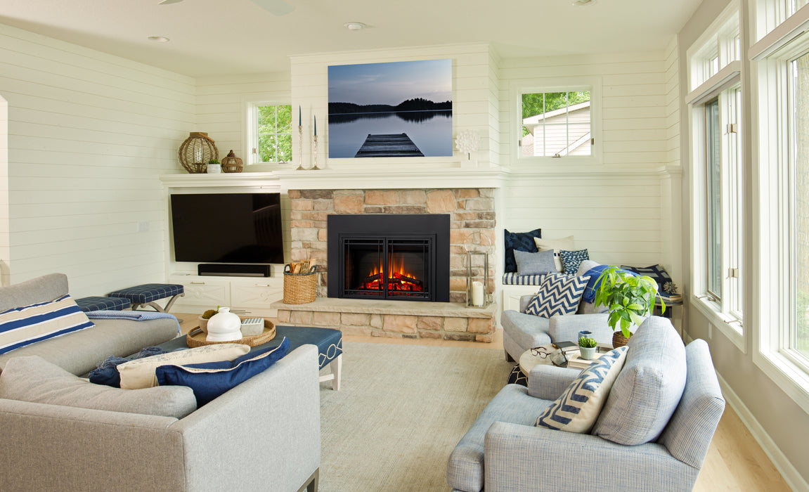 SimpliFire 30" Mission door front, doors closed, on an electric insert in a stone fireplace
