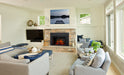 SimpliFire 30" Mission door front, doors closed, on an electric insert in a stone fireplace