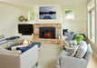 SimpliFire 30" Mission door front, doors open, on an electric insert in a stone fireplace