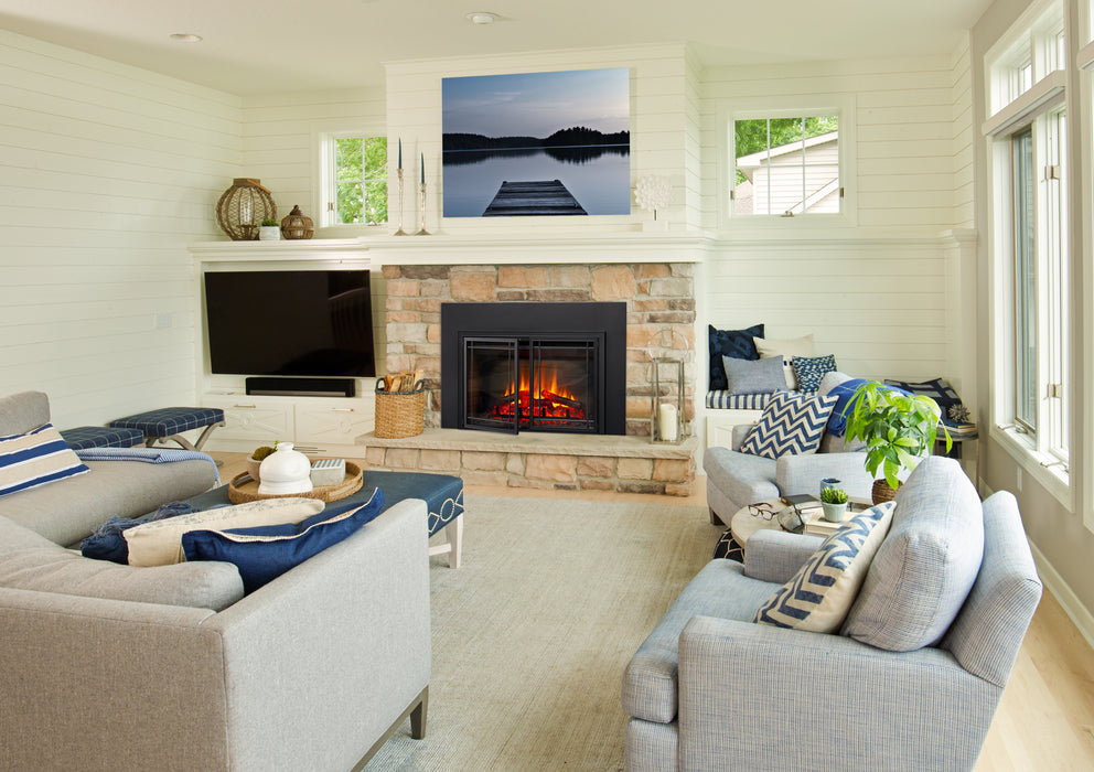 SimpliFire 30" Mission door front, doors open, on an electric insert in a stone fireplace