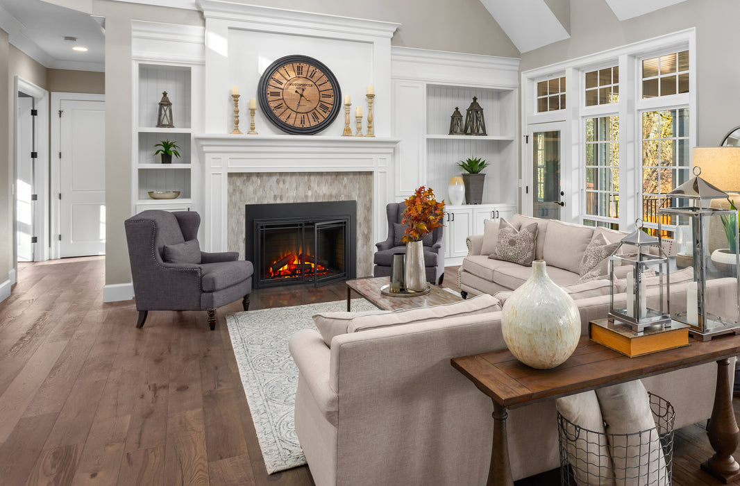 SimpliFire 35" electric fireplace insert with Mission door front, doors open, in a white fireplace