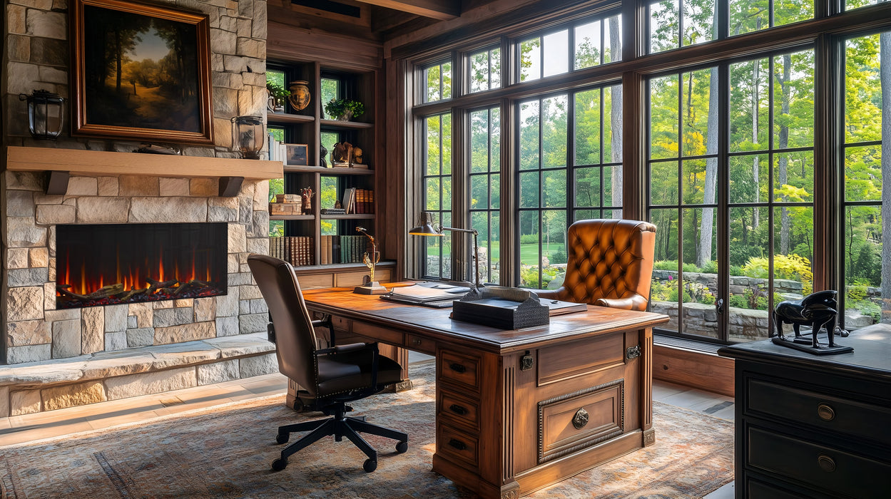 SimpliFire ShadowGlo timber logs in a Scion 43" electric fireplace in a stone wall home office