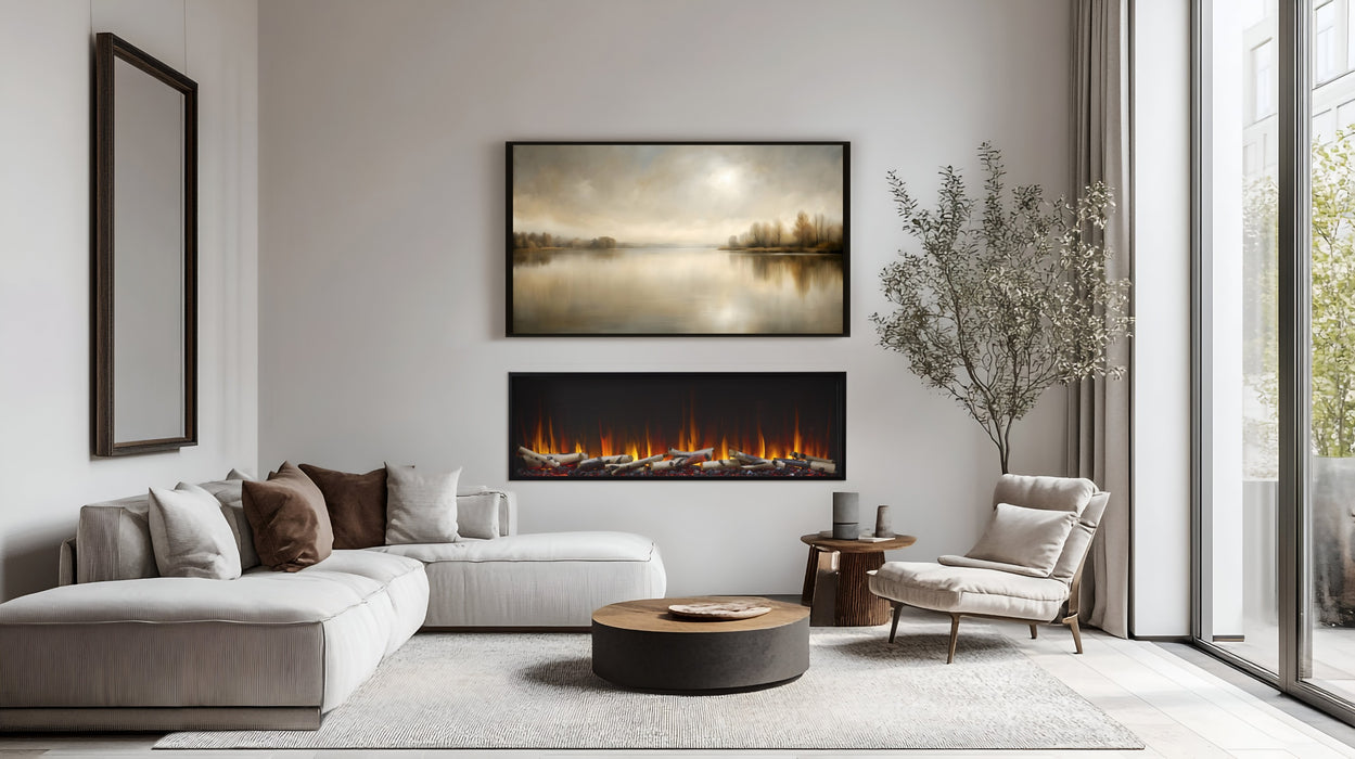 SimpliFire Scion 55" linear electric fireplace with black glass embers and birch logs below wall art