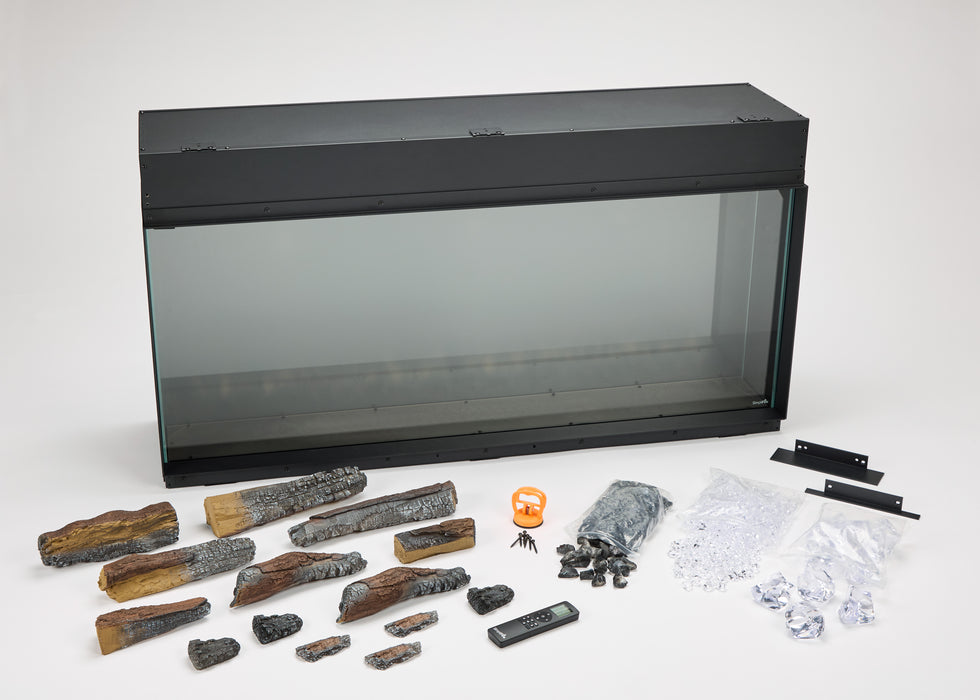 SimpliFire Triton 50" electric fireplace with the included media and parts laid out