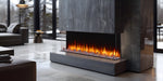 SimpliFire Triton 65" electric fireplace in a bay installation with clear crystals and orange flames