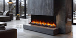 SimpliFire Triton 65" electric fireplace in a bay installation with decorative spheres