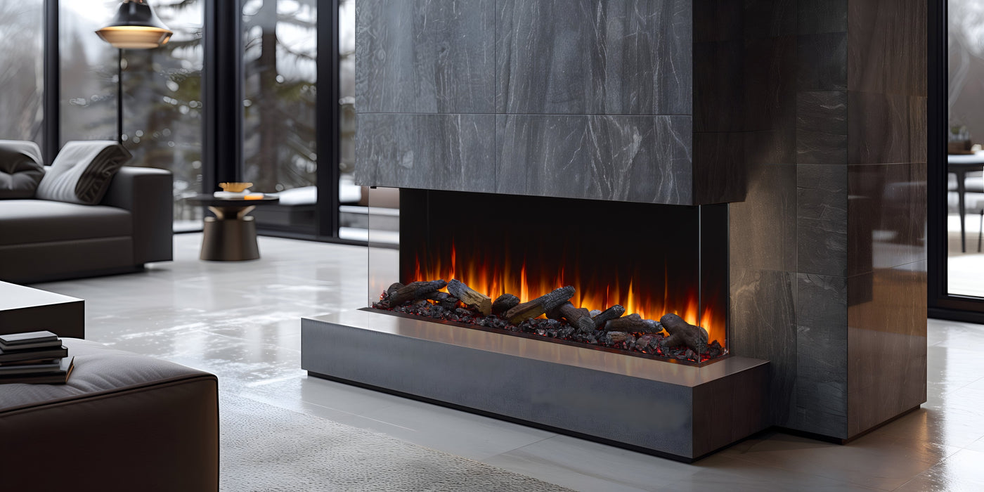 SimpliFire Triton 65" electric fireplace in a bay installation with timber logs in a living room