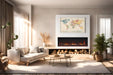 SimpliFire Triton 65" electric fireplace with black glass embers and timber logs in a living room