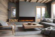 SimpliFire Triton 78" electric fireplace in a left-corner installation with black glass embers and timber logs