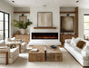 SimpliFire Triton 78" electric fireplace with timber logs and orange flames in a living room