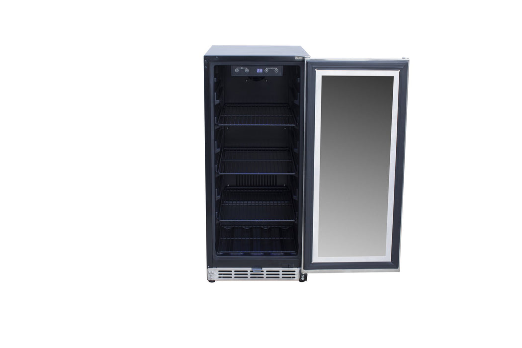 TrueFlame 15" Outdoor Rated Fridge with Glass Door AMD-RFR-15G - glass door open, empty interior