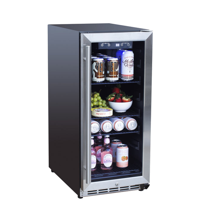 TrueFlame 15" Outdoor Rated Fridge with Glass Door AMD-RFR-15G - angled view, glass door closed, stocked with drinks