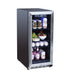 TrueFlame 15" Outdoor Rated Fridge with Glass Door AMD-RFR-15G - angled view, glass door closed, stocked with drinks