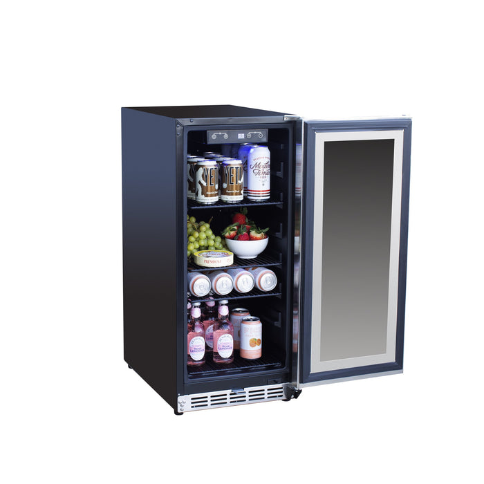 TrueFlame 15" Outdoor Rated Fridge with Glass Door AMD-RFR-15G - glass door open, stocked with drinks