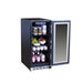 TrueFlame 15" Outdoor Rated Fridge with Glass Door AMD-RFR-15G - glass door open, stocked with drinks