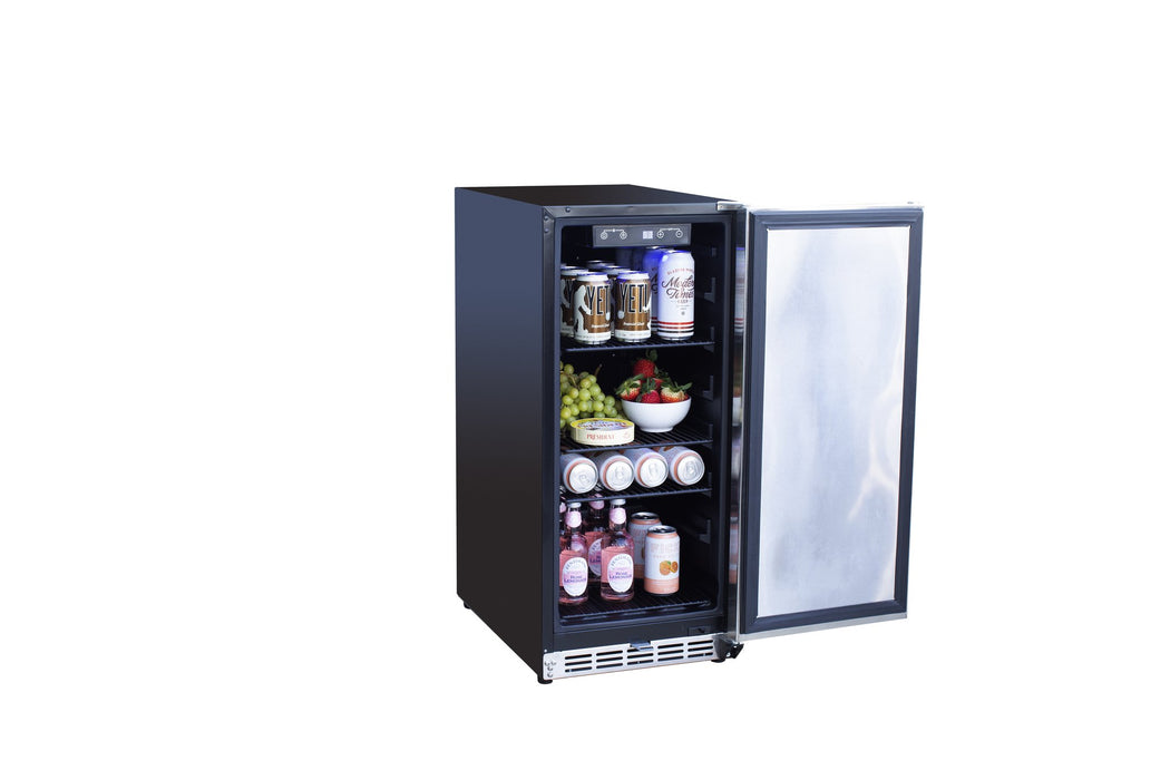 TrueFlame 15" Outdoor Rated Fridge with Stainless Door AMD-RFR-15S - side view, door open, stocked