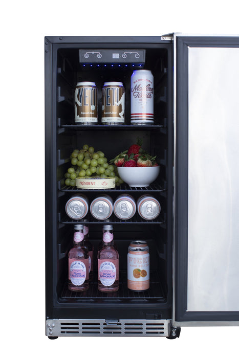 TrueFlame 15" Outdoor Rated Fridge with Stainless Door AMD-RFR-15S - close-up of stocked interior