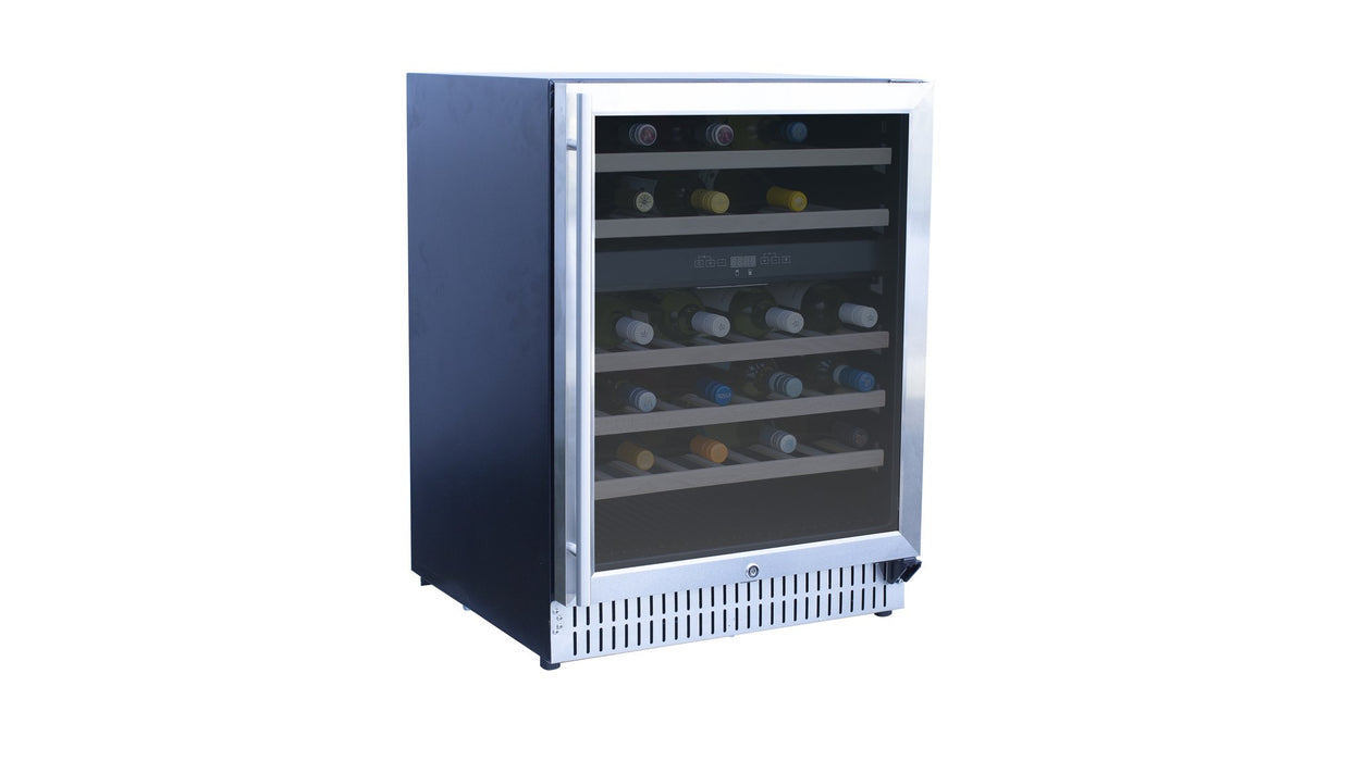 TrueFlame 24" Outdoor Rated Dual Zone Wine Cooler AMD-RFR-24WD - angled view, glass door closed, full of wine