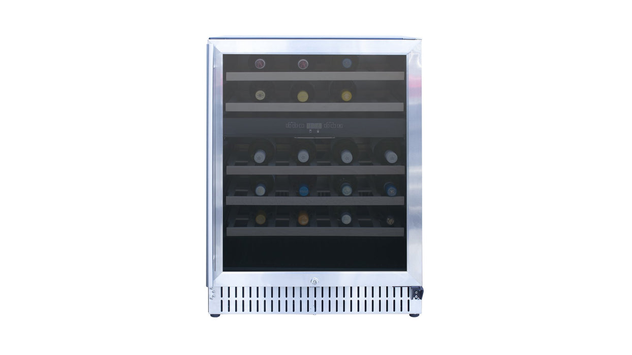 TrueFlame 24" Outdoor Rated Dual Zone Wine Cooler AMD-RFR-24WD - front view, glass door closed, full of wine