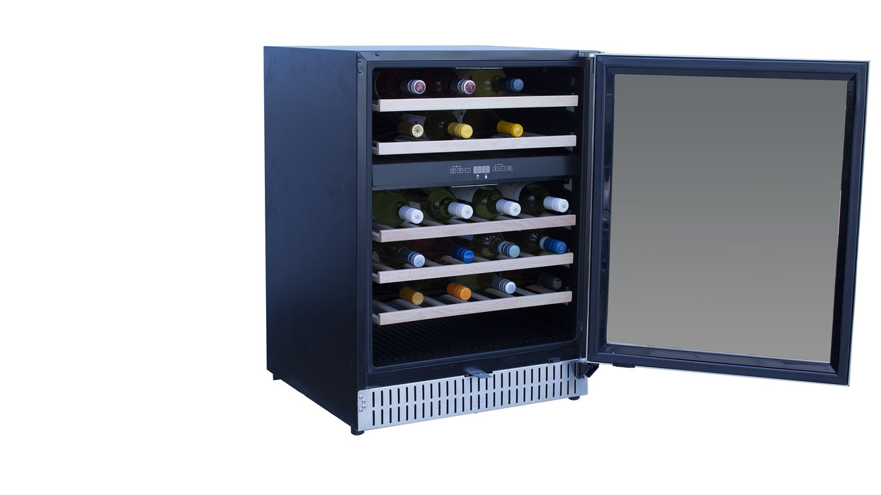TrueFlame 24" Outdoor Rated Dual Zone Wine Cooler AMD-RFR-24WD - angled view, door open, full of wine