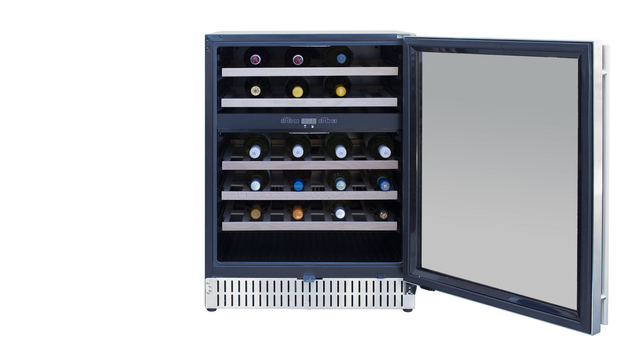 TrueFlame 24" Outdoor Rated Dual Zone Wine Cooler AMD-RFR-24WD - front view, door open, full of wine