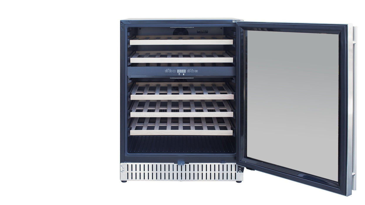 TrueFlame 24" Outdoor Rated Dual Zone Wine Cooler AMD-RFR-24WD - front view, door open, empty racks