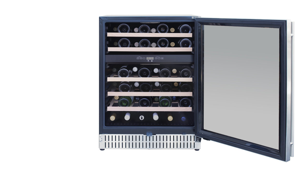 TrueFlame 24" Outdoor Rated Dual Zone Wine Cooler AMD-RFR-24WD - door open showing 46-bottle capacity