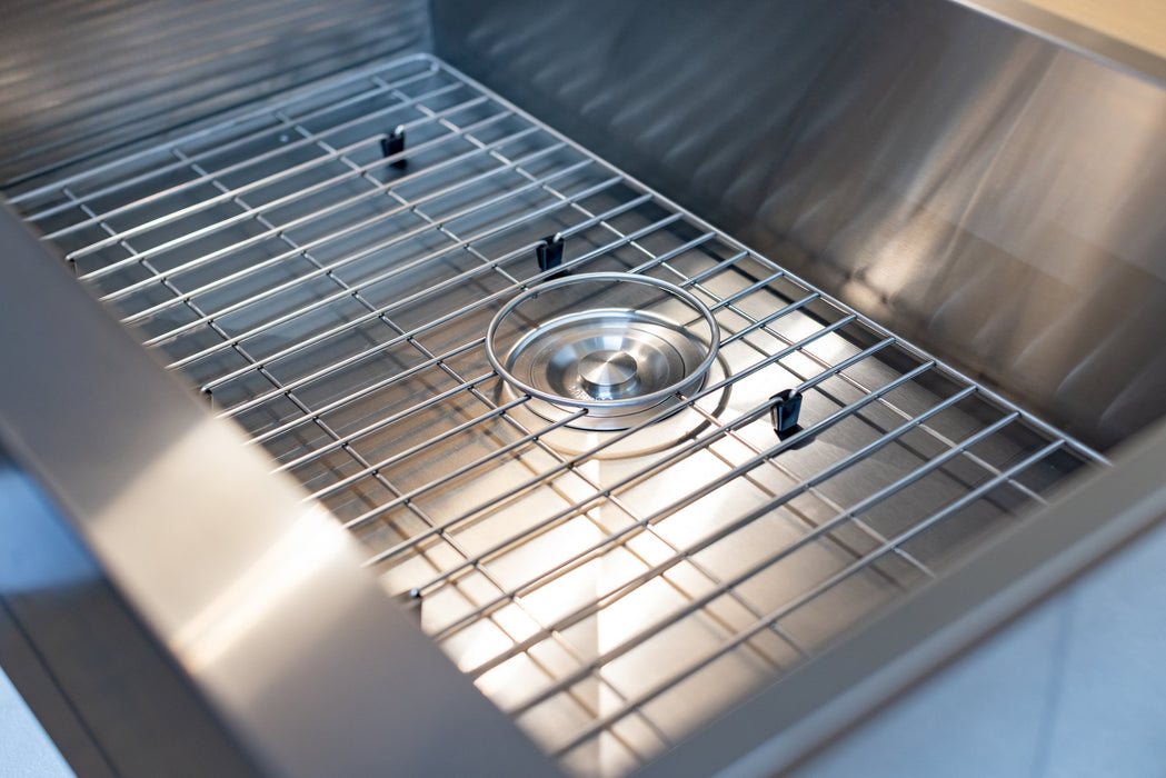 TrueFlame 32" Outdoor Rated Farmhouse Sink Package TF-NK-32FH-P - sink grate installed in basin