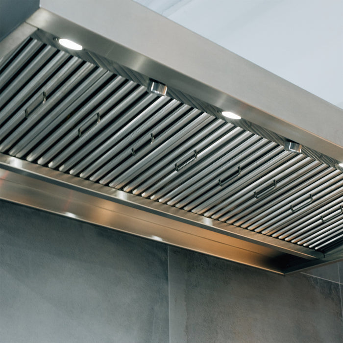 TrueFlame 48" Vent Hood with 2,000 CFM Motor and Mounting Bracket TF-VH48-3 - underside with lights and baffle filters