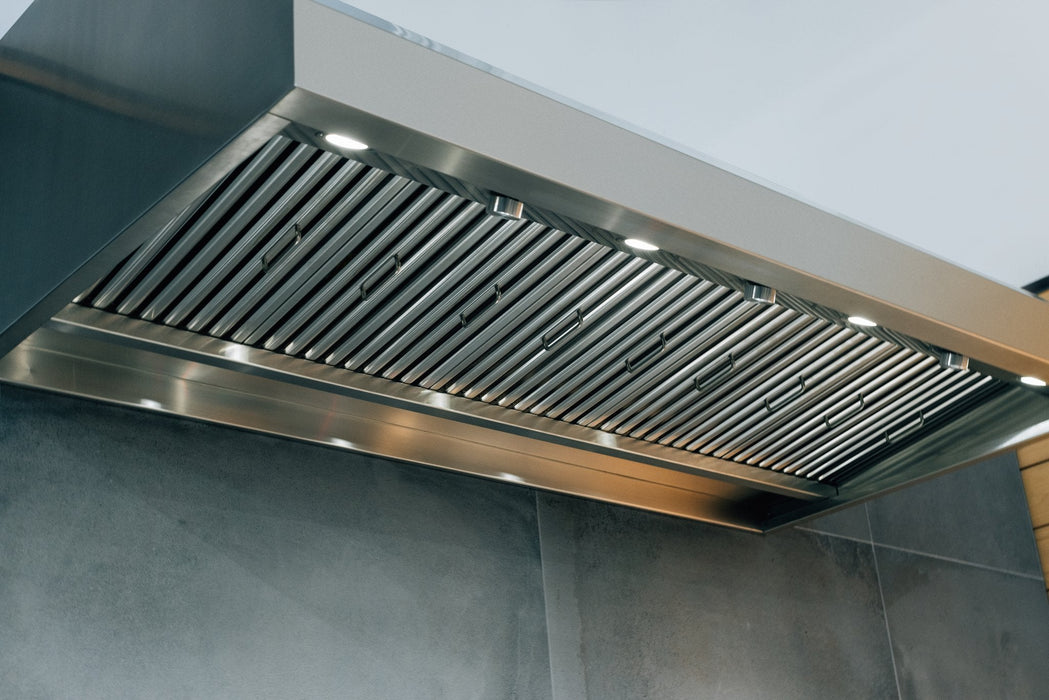 TrueFlame 72" Vent Hood TF-VH72-3 - underside with lights and baffle filters (60" model pictured)